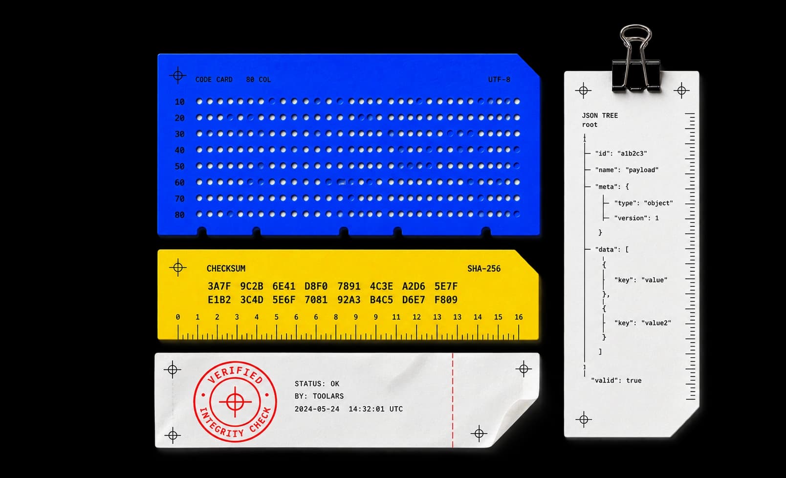 A cobalt code card, checksum ruler, JSON tree strip, and verification receipt arranged as a technical evidence tray
