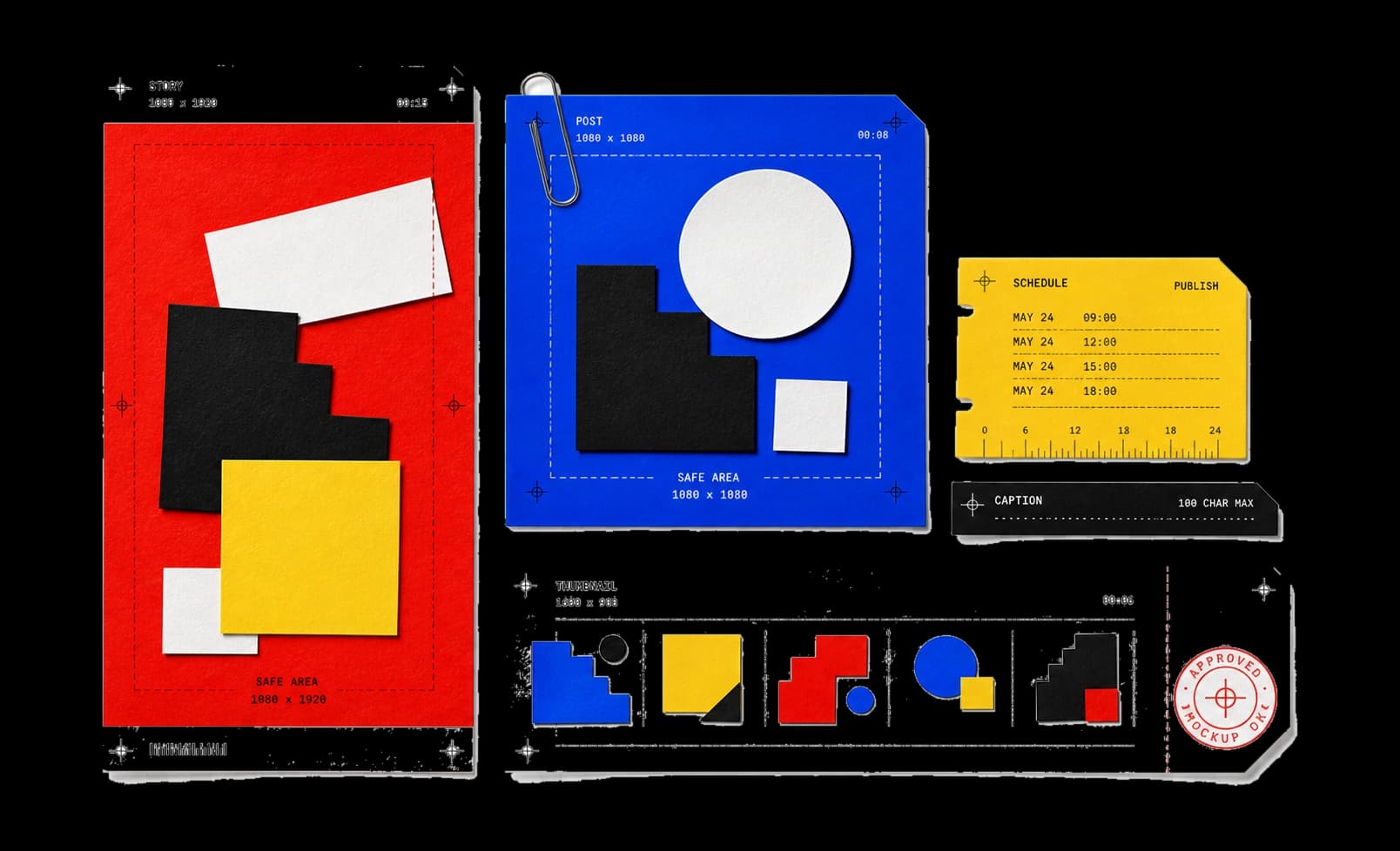 A red story proof, cobalt post mat, thumbnail contact strip, publishing ticket, and mockup approval mark