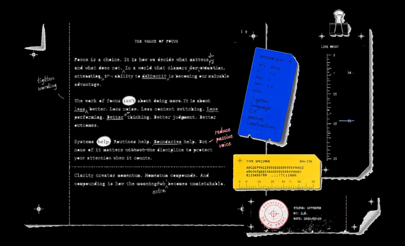 A marked-up manuscript, revision slip, type specimen ruler, and proofreading receipt arranged as a writing evidence desk