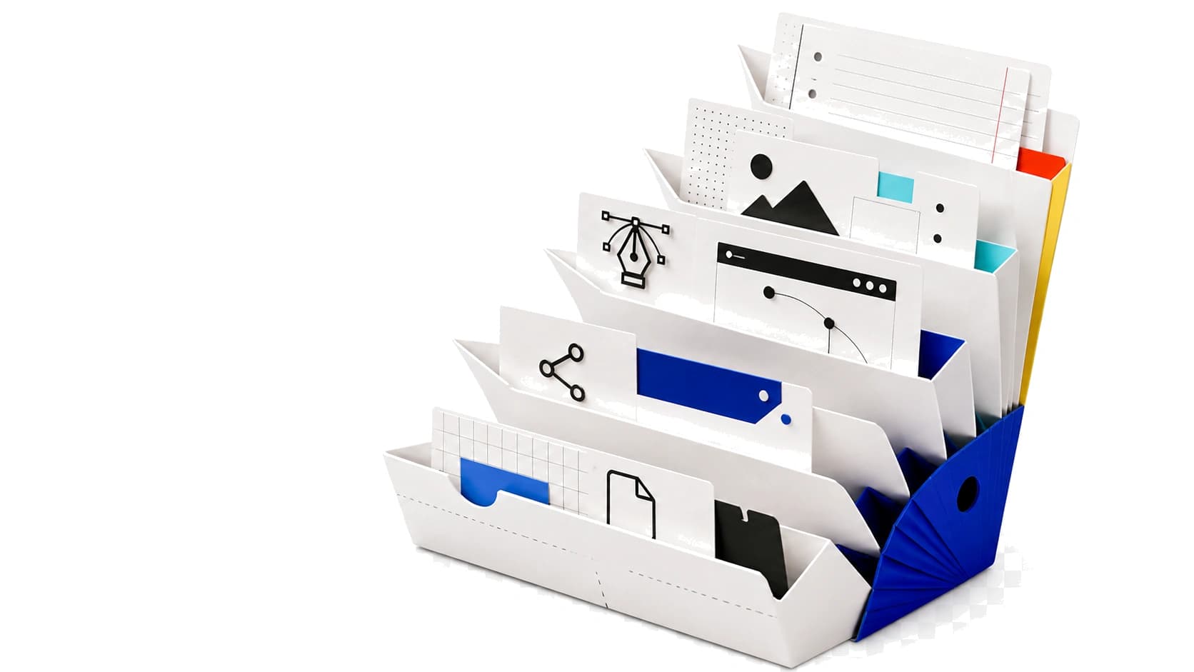 A sculptural paper tool index with six interlocking trays for everyday browser work
