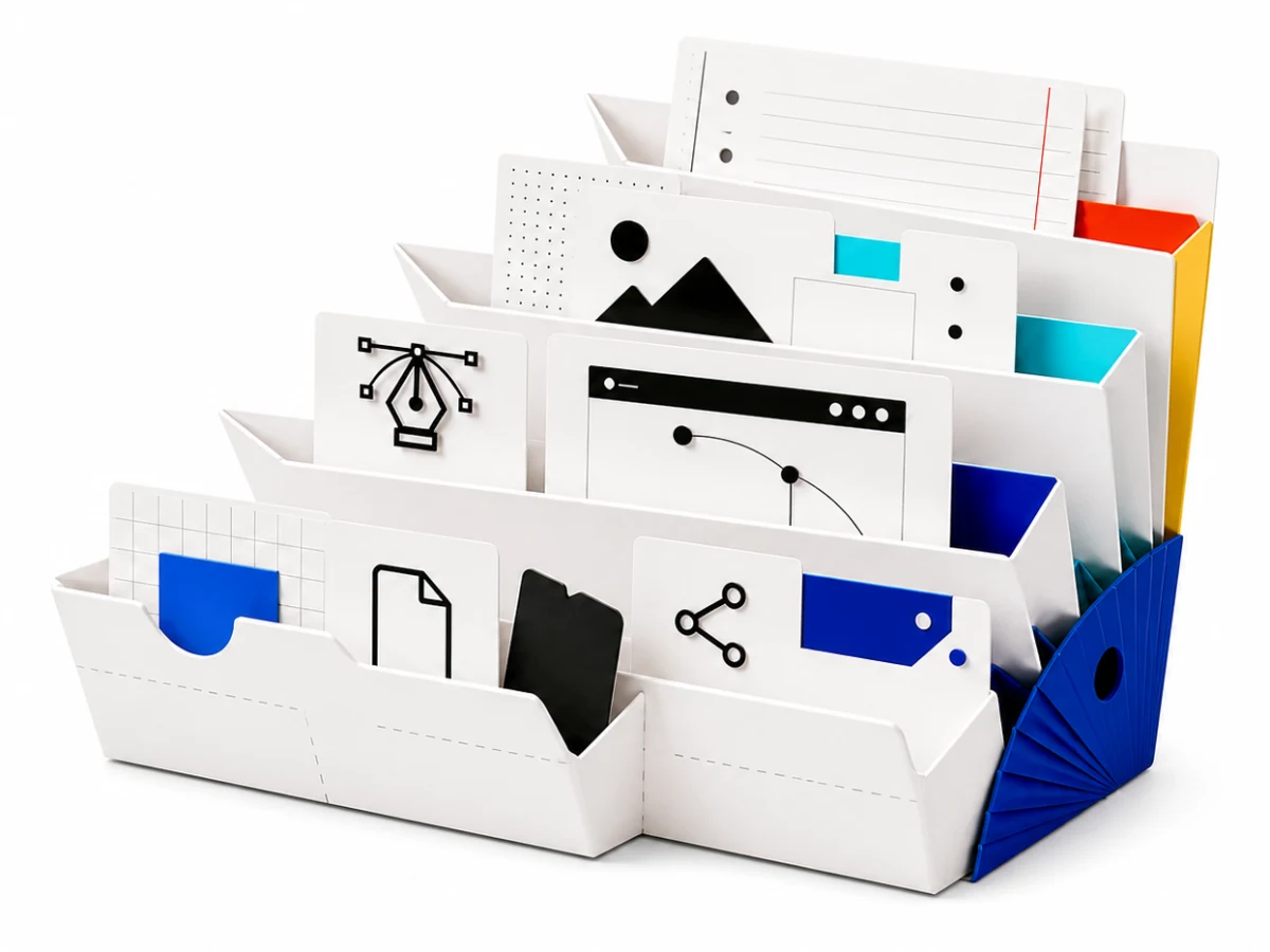 A sculptural paper tool index with six interlocking trays for everyday browser work
