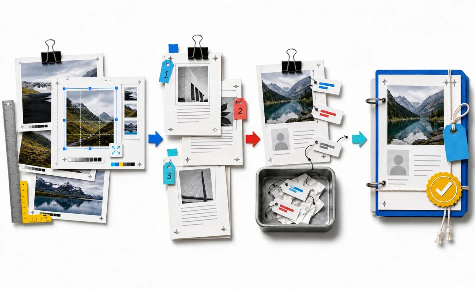 Trois workflows locaux transforment des fichiers sources en un paquet d'export vérifié.